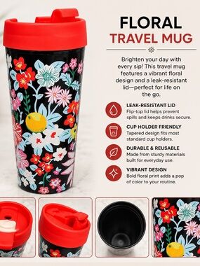 Hand Crafted Black Floral Travel Mug with Red Lid